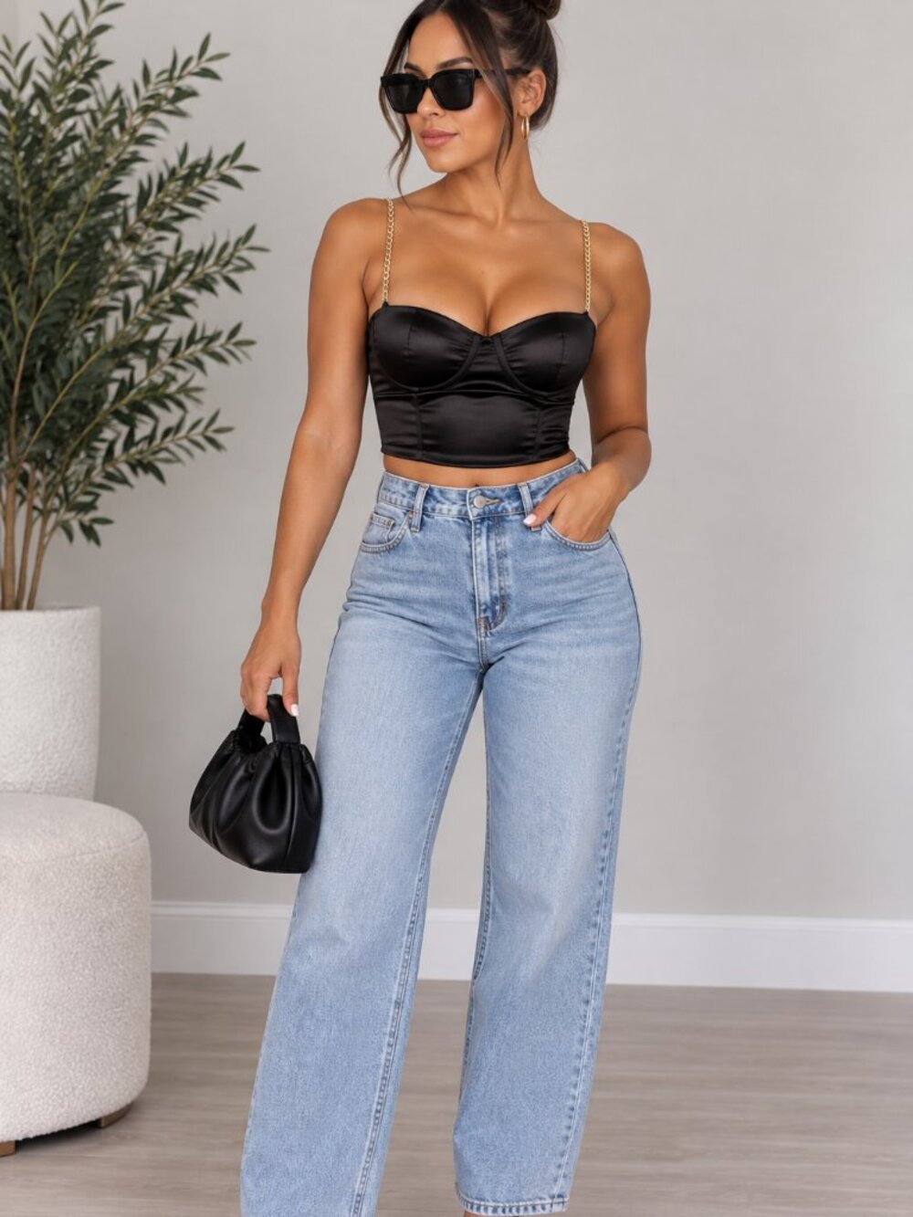 Black Satin Bustier Crop Top with Gold Chain Straps (NWT)